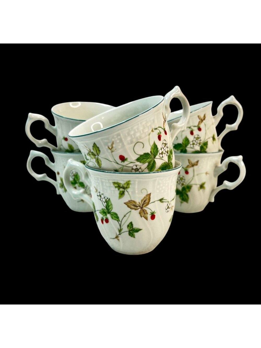 Mikasa Set of 6 Antique Green Strawberry Fair Tea Cups Japan D3403